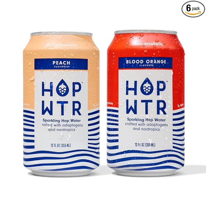 HOP WTR Sparkling Hop Water Peach 6 Pack, Blood Orange 6 Pack, Sugar Free, Low Carb Non Alcoholic Drinks, NA Beer, Adaptogen Drink, No Calories, Adaptogens & Nootropics for Added Benefits, 12 oz Cans