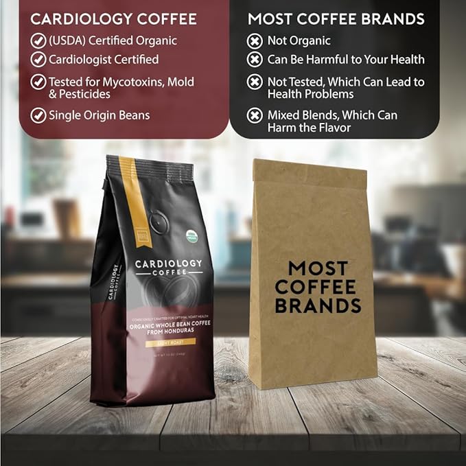 Cardiology Coffee – Whole Bean Coffee – USDA Certified Mold-Free 12oz Premium Light Roast Organic Coffee Beans with Antioxidant Benefits – Perfect for Heart Healthy Lifestyle