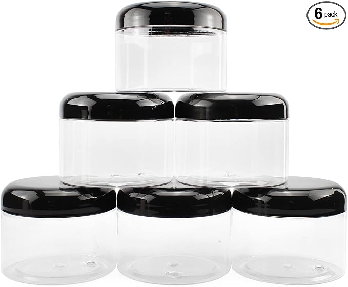 Cornucopia Brands 12 Ounce Clear Plastic Jars w/Black Plastic Lids (6-Pack); BPA Free PET Stackable Canisters for Bathroom & Kitchen Storage