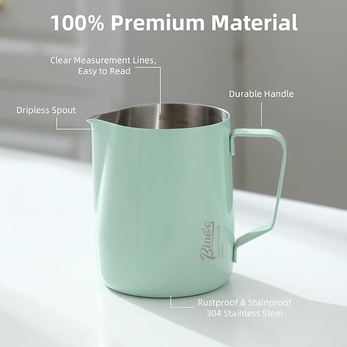Milk Frothing Pitcher -350ml/12oz Milk Frother Cup Espresso Steaming Pitcher for Barista, Bincoo SUS304 Stainless Steel Espresso Steaming Pitchers for Latte Art/Cappuccino/Coffee (Green-350ml)