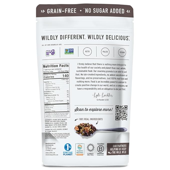 Wildway Keto Granola | Vanilla Bean Espresso | Grain-Free, Certified Gluten-Free Cereal | Vegan, Low Carb | No Sugar Added | Paleo-Friendly | Non-GMO Fruit & Nut Clusters | Nutrient-Rich | 8oz, 3 Pack