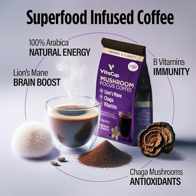VitaCup Focus Mushroom Coffee Grounds, Vanilla Flavored Coffee with Lions Mane, Chaga, B Vitamins, D3, Boost Focus, Immunity, Memory & Clarity, Medium Dark Roast, 100% Arabica Specialty, 3 bags, 10 oz each