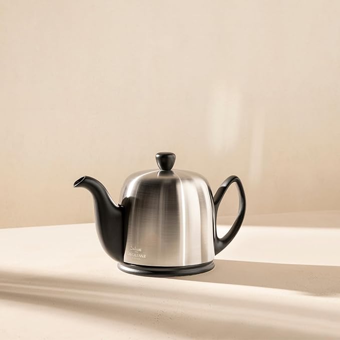 Salam Luxury French Tea Pot - Porcelain Teapot with Bronze Stainless Steel Cover, Ceramic Tea Kettle for Loose Tea, Removable Infuser, 6 Cup Capacity, 36oz - White