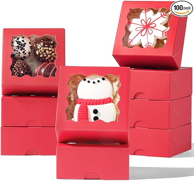 SLShePack 3.2x3.2x1.5 Inches 100PCS Chocolate Truffle Boxes Mini Bakery Boxes with Window for Cookies,Soap,Donut, Macaron,Brownie(Red)