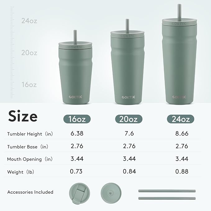 COKTIK 24oz Insulated Tumbler with Lid and Straw 2 Lids (Straw/Flip) Iced Coffee Cup Reusable Stainless Steel Travel Mug Water Bottle Cupholder Friendly for Women Men Her Him (Bay Leaf)