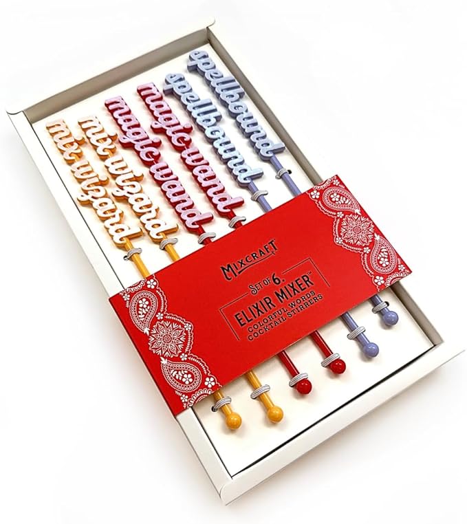 Elixir Mixer Cocktail Stirrers, Drink Stirring Swizzle Sticks, Colorful Words, Set of 6