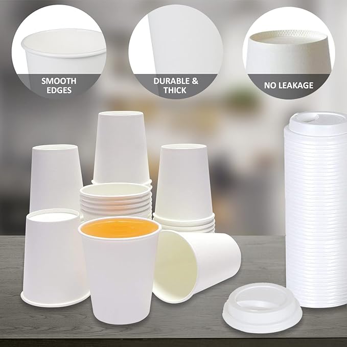 Smygoods White Disposable Paper Coffee Cups with Lids (8 OZ, 50 Count) For Hot Beverages, Tea, Espresso, Cocoa - To Go Drink Containers, Café & Office