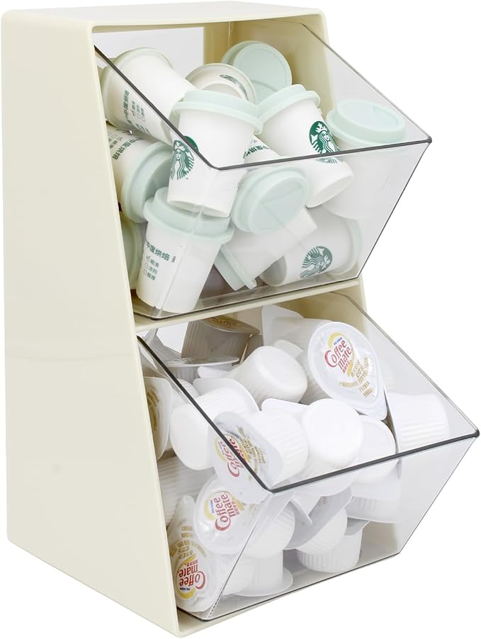 Bokelai Coffee Pod Holder with 2 Large Capacity Basket K Cup Storage Container Coffee Bar Accessories for Creamer Suger Plastic Desk Organizer Box Tea Bag Organizer Creamy White/Clear