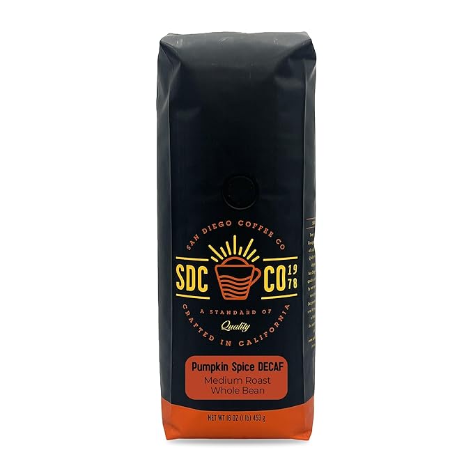 San Diego Coffee DECAF Pumpkin Spice, Medium Roast, Whole Bean Coffee, 16-Ounce Bag Café en grano tostado descafeinado