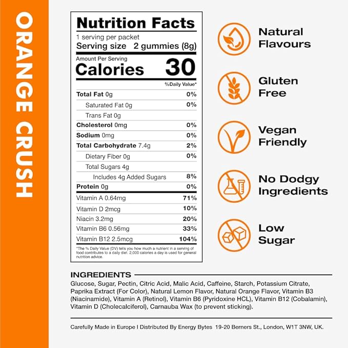 Energy Bytes Caffeine Gummies | Instant Energy Chews for Running, Cycling and Sports Performance | Vegan, Low Sugar | Orange Crush (12-Pack)