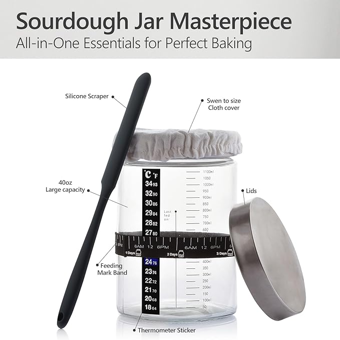 Sourdough Starter Kit -40oz Thick Glass Sourdough Starter Jar Sour Dough Container for Bread Baking Includes Guide Sourdough Container Perfect Sourdough Bread Baking Gift for Home Bakers (1-pack)