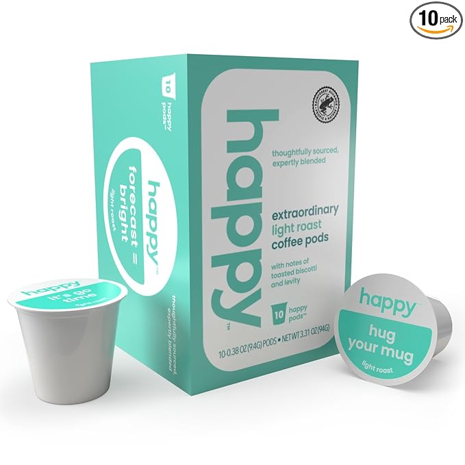 happy coffee light roast coffee pods, 10 count, notes of toasted biscotti and levity, compatible with most K-cup brewers, rainforest alliance certified