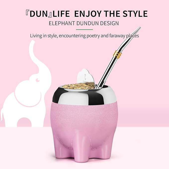 Premium Yerba Mate Cup 5 in 1 Set, Including Stainless Steel Gourd (Glitter Stars, Cute Elephant Style) Bombilla Straw, and Tea Shaper Set, 5.4oz, Gift for Women Drinking Coffee Tea Water (Pink)