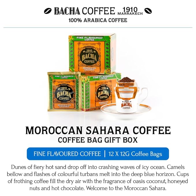 Bacha Coffee | Moroccan Sahara Fine Flavoured, Medium Roast, 100% Arabica Specialty Coffee, 12 Coffee Drip Bags, Gift Box