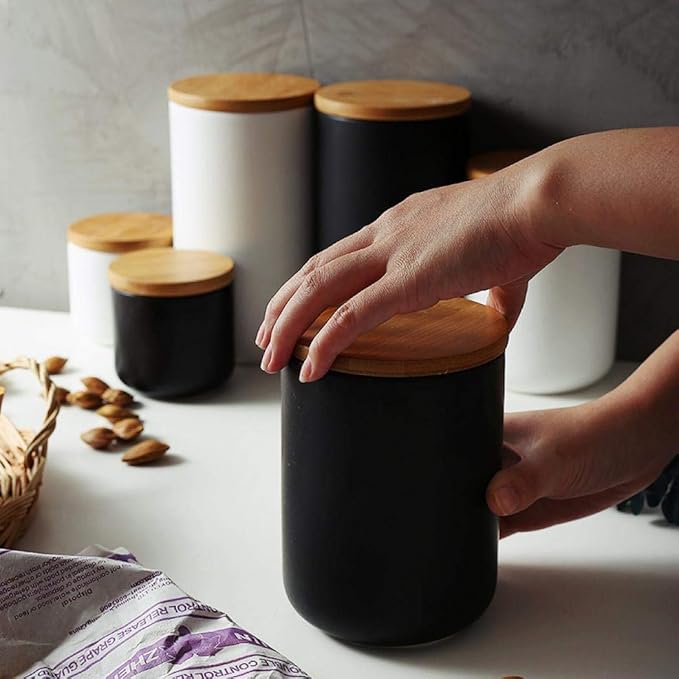 Food Storage Canister, Ceramic Kitchen Canisters with Airtight Seal Bamboo Lid, Food Storage Jar for Tea, Coffee Bean, Spice, Sugar 260ml/ 800ml/ 1000ml (800ml-10.3 x 14.5cm)