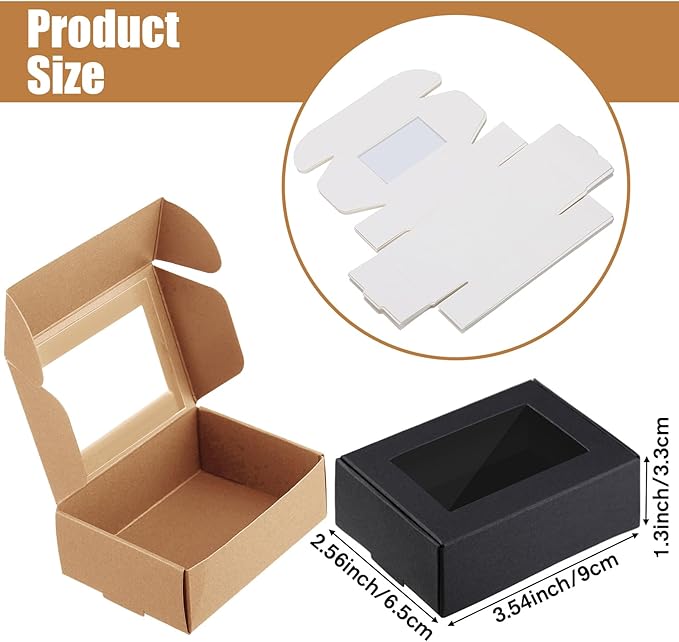Zonon 30 Pcs Soap Boxes for Homemade Packaging, Mini Kraft Treat Boxes with Window for Bakery Candy Soap Making Gift Packaging(3.5 x 2.4 x 1.2 Inch,Black Brown White)