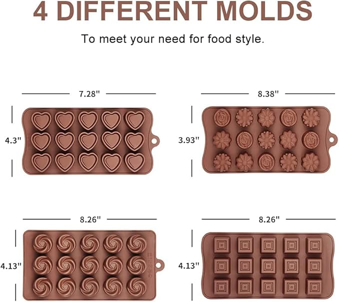 La chat 4 Packs Silicone Molds for Chocolate, Food Grade no-stick Baking, candy and butter Mold with different shape (4 packs different style)