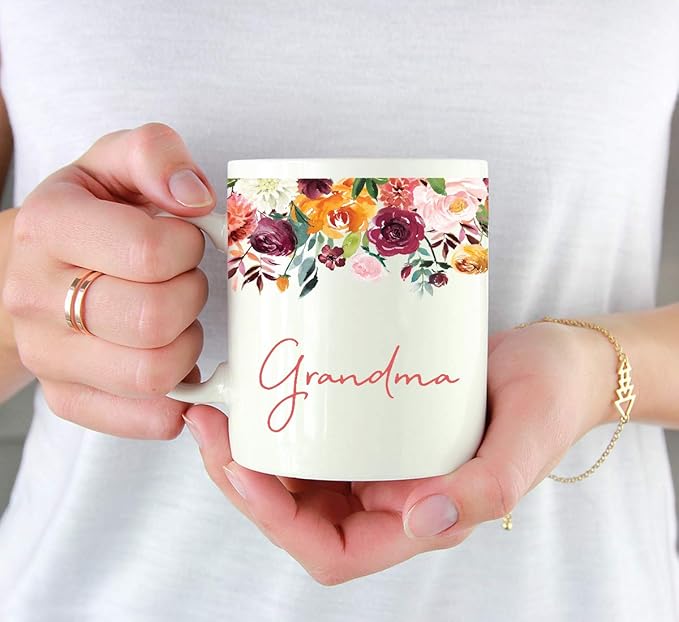 Andaz Press 11oz. Mother's Day Ceramic Coffee Tea Mug Gift, Fall Autumn Burgundy Orange Peach Flowers Roses Florals, Grandma, 1-Pack