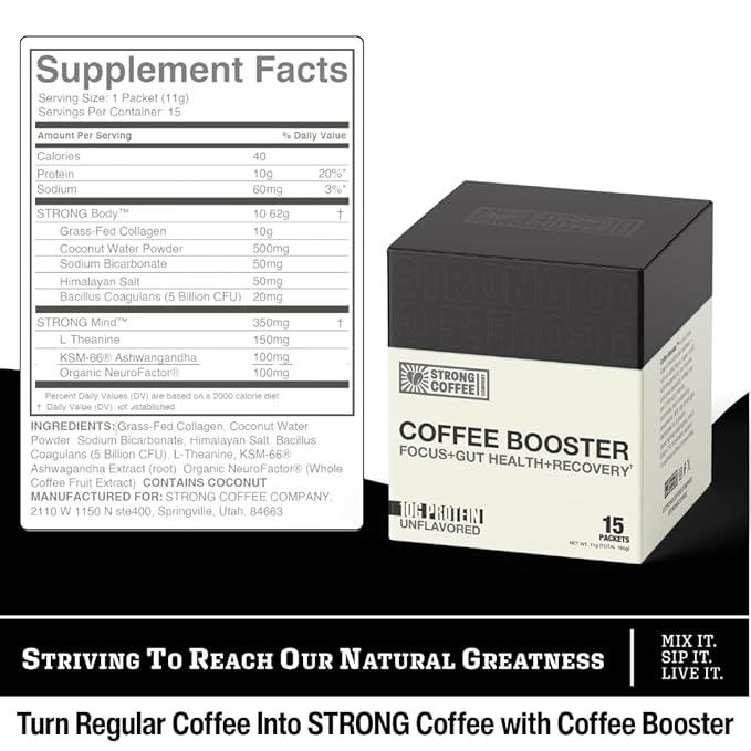 STRONG COFFEE COMPANY Coffee Booster – Collagen Coffee Protein Powder with NeuroFactor®, L-Theanine & Gut Health – 10g Protein, Electrolytes – Focus & Energy – 15 Packets