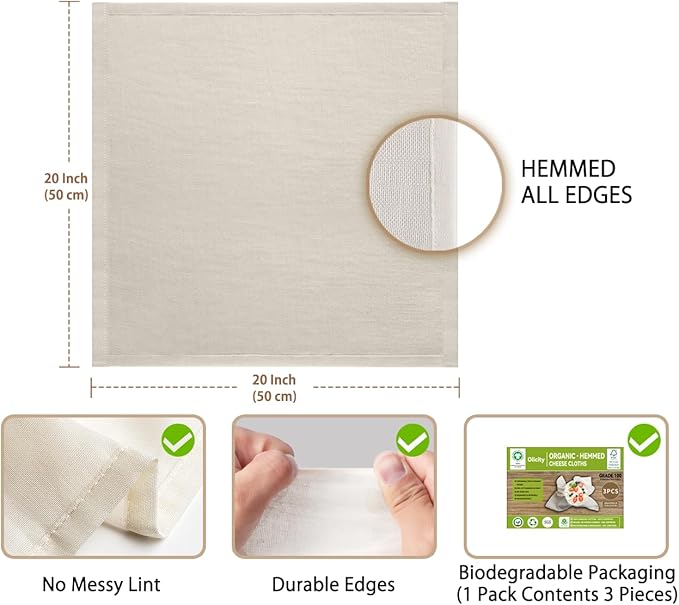 Organic Cheese Cloths, GOTS Certified, 3PCS, Grade 100, 20x20Inch Hemmed Cheese Cloth Fabric Reusable Fine Mesh Cloth, 100% Cotton Unbleached Muslin Cheesecloth for Straining, Cooking, Juice, Herbs