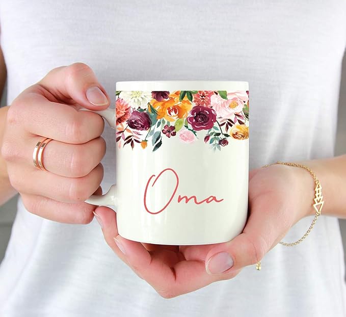 Andaz Press 11oz. Mother's Day Ceramic Coffee Tea Mug Gift, Fall Autumn Burgundy Orange Peach Flowers Roses Florals, Oma, 1-Pack