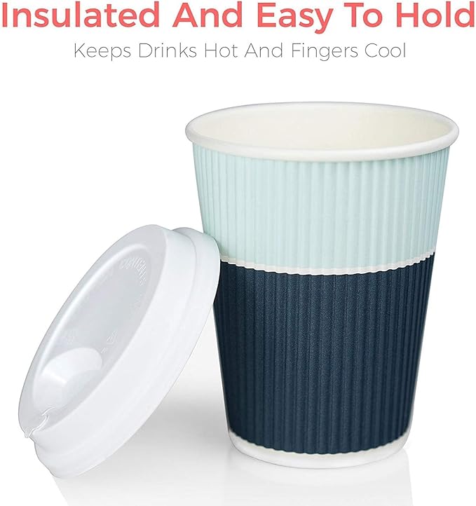 Disposable Coffee Cups With Lids - 12 oz To Go Coffee Cups (80 Set) With Sturdy Lids Prevent Leaks! Paper Hot Cup Holds Shape With Hot, Cold Drinks. Ripple Cups Protect Fingers from Heat!