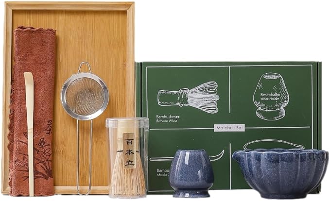 6-Piece Matcha Whisk Set, Japanese Bamboo Chasen, Scoop & Sifter, Traditional Ceremonial Kit with Ceramic Bowl, Whisk Holder Stand, Chakin Cloth (Ceramic glaze blue)