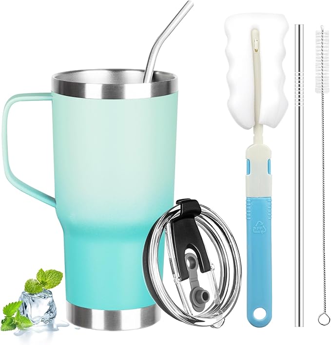 20 oz Tumbler with Handle, Stainless Steel Insulated Tumbler with Lid and Straw, Double Wall Vacuum Coffee Mug Tumbler, Insulated Coffee Thermal Cup for Cold and Hot (Mint Light Green, 20 Ounces)