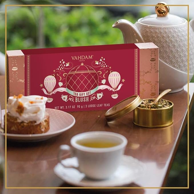 VAHDAM, BLUSH - Assorted Christmas Tea Gift Set for Women (3 Premium Teas) Tin Caddy Presentation Box | Loose Leaf Teas | Gluten Free & Non GMO | Gifts for Her