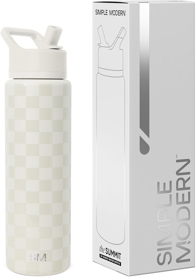 Simple Modern Water Bottle with Straw Lid | Vacuum Insulated Stainless Steel Metal Thermos | Reusable Leak Proof BPA-Free Flask for Sports Gym | Summit Collection | 30oz, Cream Checkmate