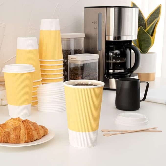 Restaurantware 16 Ounce Double Wall Disposable Coffee Cups, 500 Insulated Light Yellow Paper Tumblers with Ripple Wall Design, Lids Sold Separately for Hot Drinks like Tea, Hot Chocolate and More
