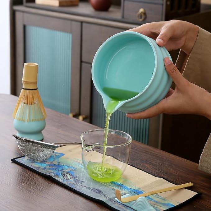 Matcha Set Matcha Whisk Matcha Bowl With Water Ladle Matcha Whisk Holder Tea Making Kit.Japanese Tea Set(7pcs)+1Spoon，Celadon Blue gift set