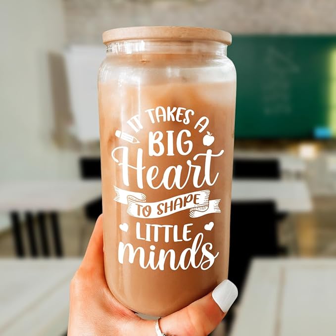 Teacher Gifts for Women - 16 Oz Can Glass Coffee Cup with Straws - Teacher Appreciation Gift for Women on Birthday Back To School