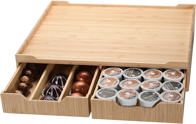 Mobilevision Bamboo Drawer & Large Sliding Tray for K-Cup & Espresso Pod Storage Organize Coffee Maker & countertop appliances for Kitchen & Office Break Rooms
