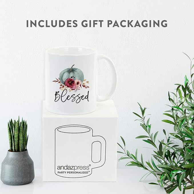 Andaz Press Fall Burgundy Marsala 11oz. Ceramic Coffee Tea Mug, Blessed, 1-Pack, Pumpkin Floral Graphic, Birthday, Friend, Family, Coworker, Autumn Season, Festive Thanksgiving Ideas