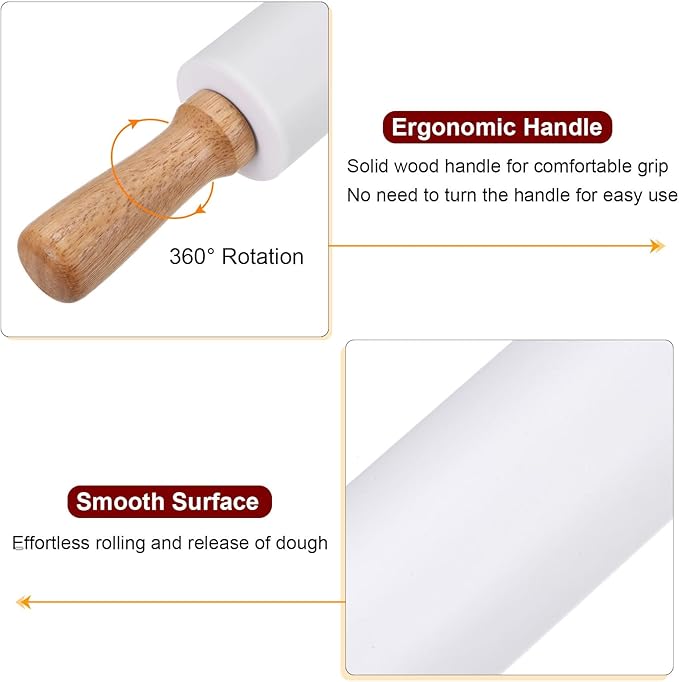 HARFINGTON Silicone Rolling Pins for Baking 14.96 Inch Non-Stick Silicone Surface Wooden Handle Rolling Pin Small Roller Playdough Rolling Pins for Fondant Kitchen Dough Pizza, White