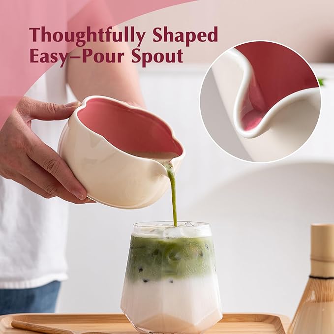 Matcha Whisk Set, 8Pcs Floral Ceramic Matcha Set with Matcha Whisk, Holder, Scoop, Scoop Rest, Sifter, Spoon and Tea Towel - Thoughtful Matcha Whisk Gift for Matcha Lovers (Beige & Pink)