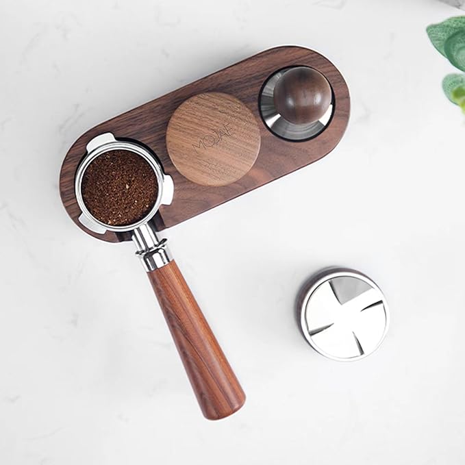 MOJAE 58.5mm Espresso Distributor, Espresso Distribution Tool, Coffee Distributor Adjustable Depth Espresso Leveler With Walnut Wood Handle, Fits for 58mm Portafilter