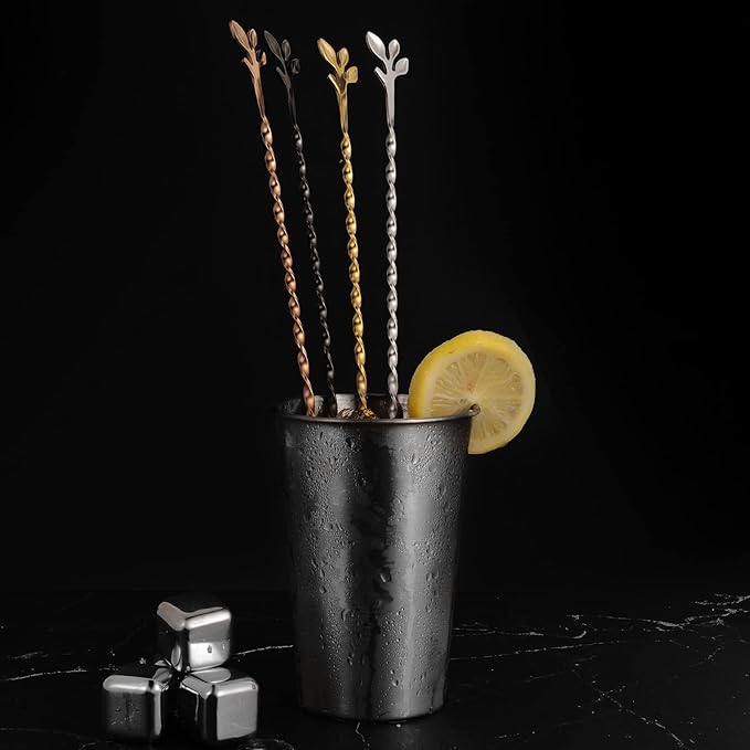 AnSaw Gold 10-Inch Stainless Steel Cocktail Spoon with Leaf Handle - Perfect for Mixing & Layering Drinks in Tall Cups, Bar & Shakers - Durable Long Handle Bar Stirrer,1-Pieces