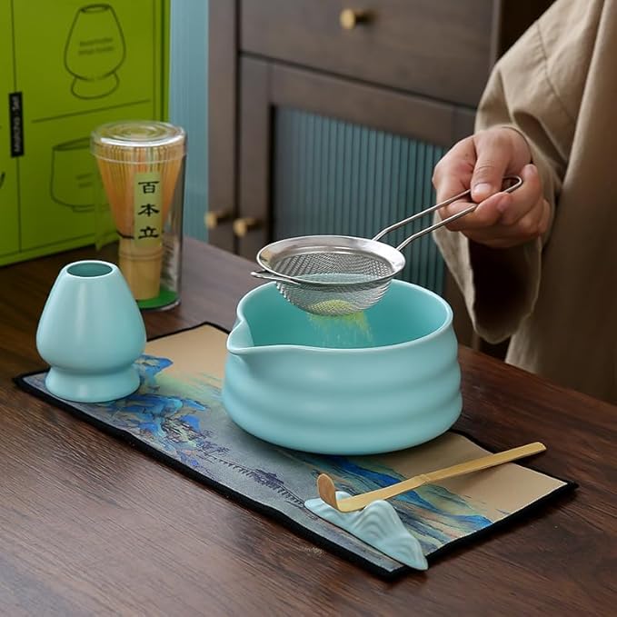 Matcha Set Matcha Whisk Matcha Bowl With Water Ladle Matcha Whisk Holder Tea Making Kit.Japanese Tea Set(7pcs)+1Spoon，Celadon Blue gift set