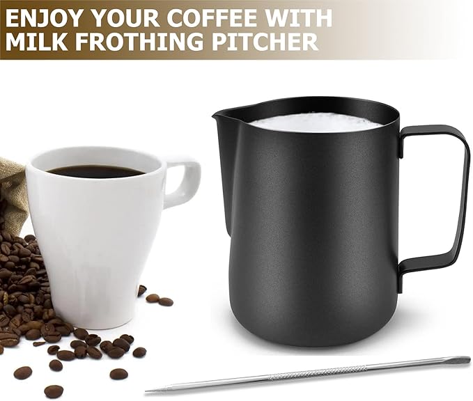 CAMKYDE Stainless Steel Milk Frothing Pitcher 20 oz, Espresso Steaming Pitcher with Decorating Pen for Espresso Machines, Cappuccino, Latte Art (Matte Black)