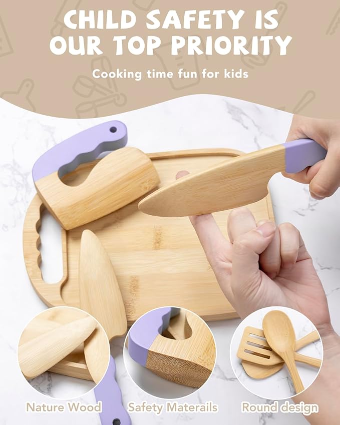 Wooden Kids Cooking Set Montessori Kit - Real Toddler Kitchen Tools & Baking Utensils - 15PCS Cooking Kit for Kids with Storage Bag, Great Gift for Pretend Play & Montessori Learning (Purple)