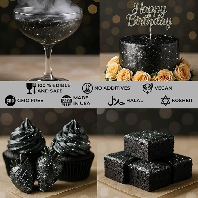 Bulk 20g Black Edible Glitter for Drinks | Premium Edible Glitter for Cakes, Cocktails, Black Cake Decorating Decorations Food Grade, Vegan, Kosher, Halal, Gluten Free - Made in USA