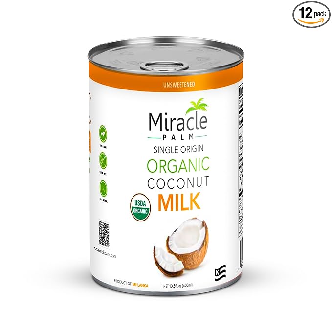 Miracle Palm Coconut Milk Unsweetened - Coconut Milk Canned, Additive Free Organic 13.5 Fl Oz (Pack of 12)