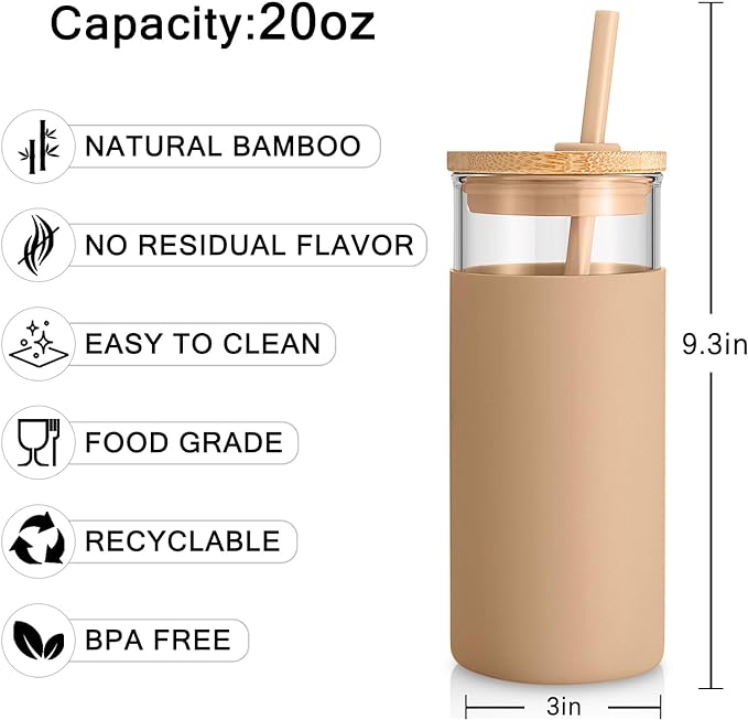 Tronco 20 oz Glass Tumbler Glass Water Bottle Straw Silicone Protective Sleeve Bamboo Lid - BPA Free (Gravel Ash)