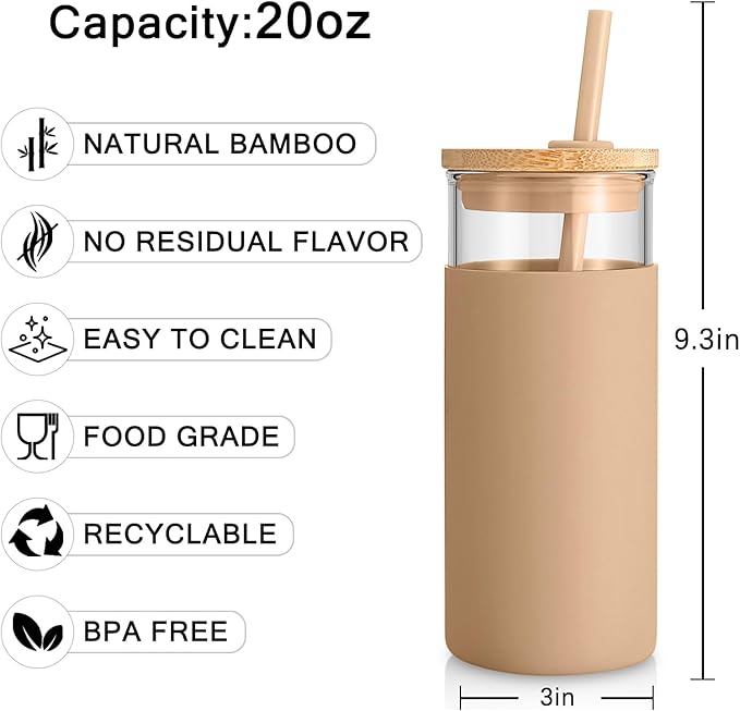 Tronco 20oz Glass Tumbler Glass Water Bottle Straw Silicone Protective Sleeve Bamboo Lid - BPA Free (French Grey/ 1 Pack)