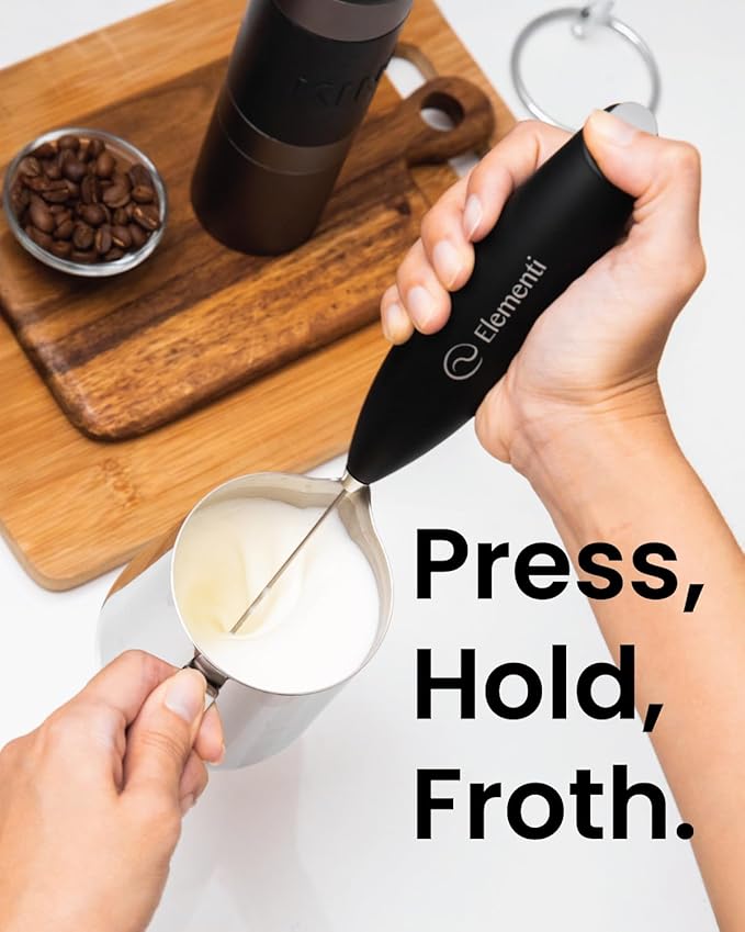 Elementi Milk Frother Wand & Drink Mixer with Stand - Powerful Coffee Frother Handheld Coffee Mixer Wand - Hand Held Milk Foamer to Make Perfect Cappuccinos, Lattes & Drink Mixes at Home (Sunrise)