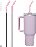 Repeatable Metal Straw with Silicone Tips for 30 oz Stanley Tumbler, 2 Pcs 30 oz Stainless Steel Straws Replacement for Stanley Tumbler, 1 Straw Brush, BPA Free（Mallow Purple）
