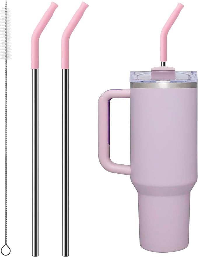 Repeatable Metal Straw with Silicone Tips for 30 oz Stanley Tumbler, 2 Pcs 30 oz Stainless Steel Straws Replacement for Stanley Tumbler, 1 Straw Brush, BPA Free（Mallow Purple）