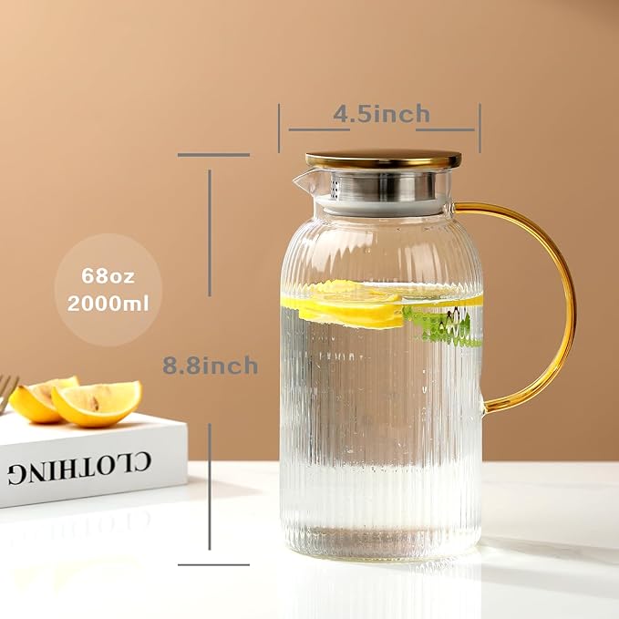 68 oz/2 Liter Glass Pitcher with Lid,Hand Blown Glass Water Pitcher for Cold Brew Coffee,Hot Water, Milk, Modern Vertical Stripes Iced Tea,Father's Day Gifts